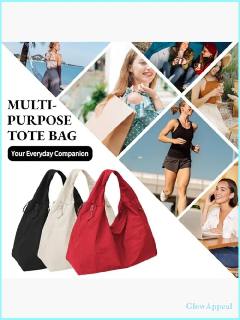 Large Slouchy Nylon Shoulder Tote Bag with Multiple Pockets for Travel & Work